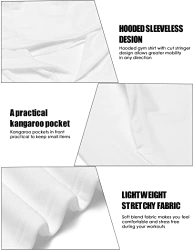 Men's Workout Hooded Tank Top - White Large - Bodybuilding Muscle Gym Sleeveless T-Shirt