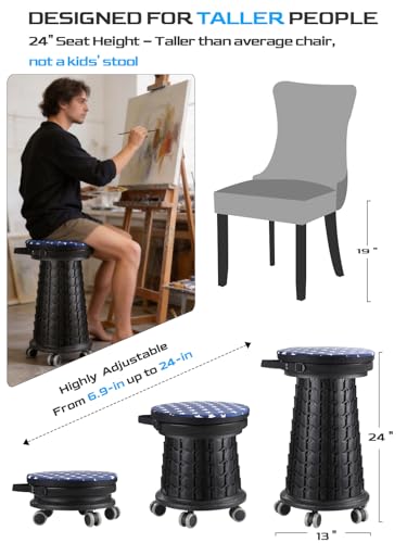 Spisces 24" Height 3XL Collapsible Rolling Stool with Cushion - Heavy Duty 1000lbs