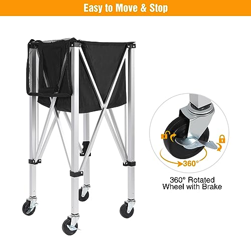 Silver Aluminum Portable Tennis Ball Hopper with 180 Capacity & 4 Wheels - Detachable Oxford Bag, Black