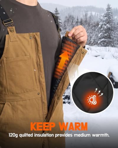 HISEA Men's Brown Duck Insulated Bib Overalls - Water-Resistant Winter Workwear, Medium