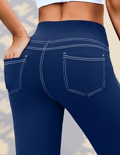 VOOVEEYA High Waisted Yoga Leggings with Back Pockets - Capri Navy Blue, 19 Inseam