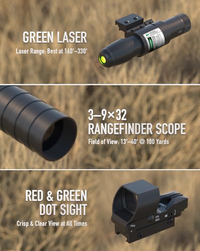 Pinty 3-9x32 4-in-1 Tactical Rifle Scope Set with Red-Green Dot & Green Laser
