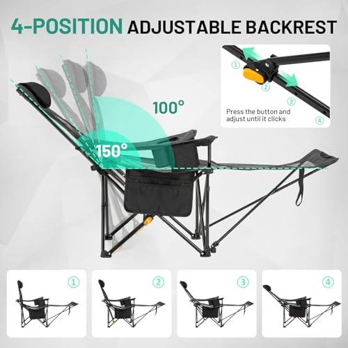 Overmont 2 Pack Reclining Camping Chairs with Footrest – Lightweight & Portable, Black