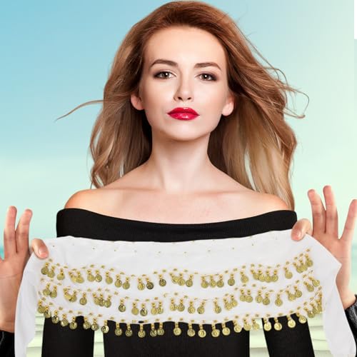 White Belly Dance Hip Scarf with Gold Coins - 24 Pieces Costume Accessories