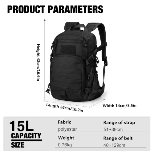 Small Tactical Backpack with Molle System - Black 15L Hiking & Cycling Pack