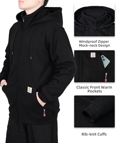 BOCOMAL Men's Heavyweight 14oz Zipper Hoodie Mock-Neck Fleece Jacket - Large Black