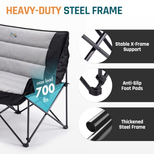 Oversized Padded Double Camping Chair - Black, Folding Outdoor Loveseat