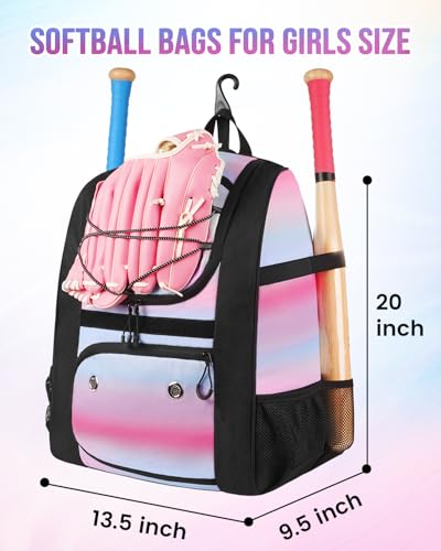 Pink Softball Bag with Shoe Compartment - Lightweight Baseball Backpack for Girls