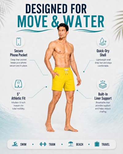 Men's 2-in-1 Quick Dry Swim Trunks with Compression Liner & Pockets - Yellow, Medium
