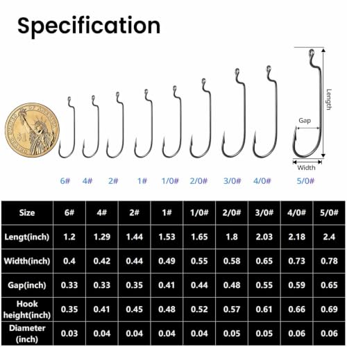 EWG Worm Hooks 3/0 50 Pieces Weedless Bass Fishing Hooks - Strong & Durable