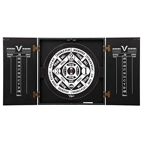 Viper Hideaway Dartboard Cabinet Set Bundle with Reversible Steel Tip & Baseball Games, 2 Darts, Chalk Scoreboards, Matte Black Finish