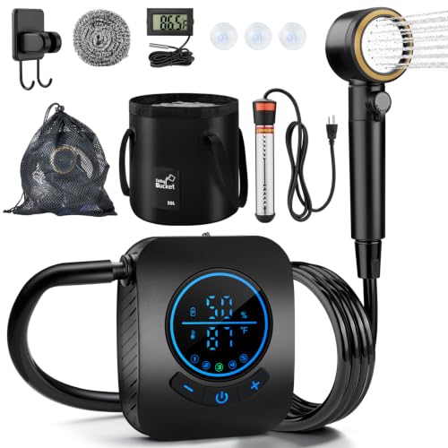 Ivuqa Portable Camping Shower with Heater - Black, 20L Foldable Bucket, Rechargeable Pump, IPX8 Waterproof, Auto-Off Heated, LED Display for Hiking & Travel