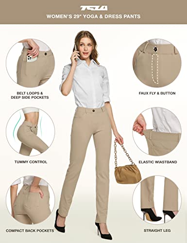 Women's Yoga & Dress Pants - Medium Petite Khaki Business Casual Slacks with 4 Pockets