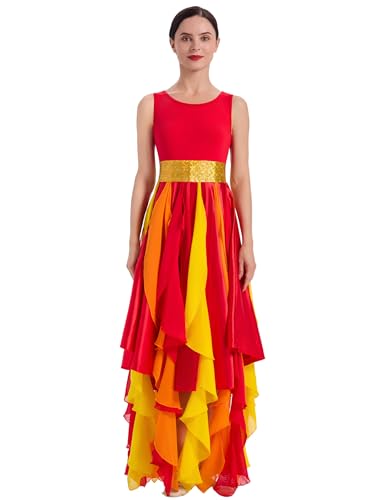 X-Large Red Metallic Praise Dance Dress for Women Rainbow Asymmetric Overlay Tunic Liturgical Worship Costume