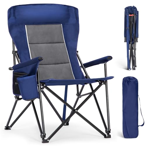 Navy Blue Oversized Camping Chair for Adults with High Back & Storage