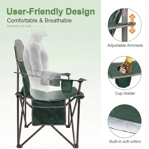 Dark Green Oversized Camping Chairs 2 Pack with Cooler, Cup Holders & Padded Seats