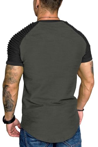 Men's Muscle T-Shirt Pleated Raglan Sleeve Gym Tee Short Sleeve Workout Shirt - Pattern3 Grey & Black