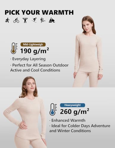 Woolcano Women's Merino Wool Thermals Base Layer Set Large Oatmeal