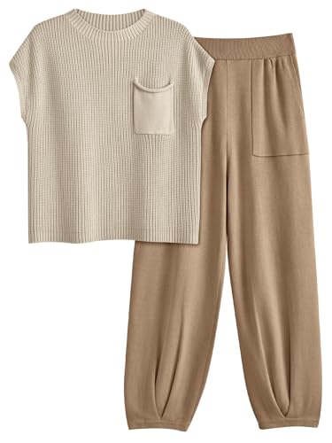 Women's 2 Piece Loungewear Sets - Knit Travel Sweatsuits, Medium / Light Khaki