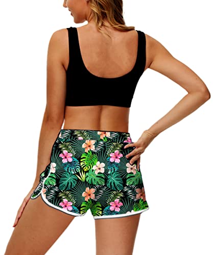 Women Board Shorts Hawaiian Tropical Print Beach Swim Shorts with Pockets - Medium Floral Palm
