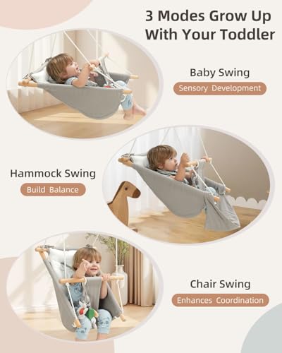 Baby Swing Indoor Outdoor with 5-Point Harness & Montessori Toys - Grey & White