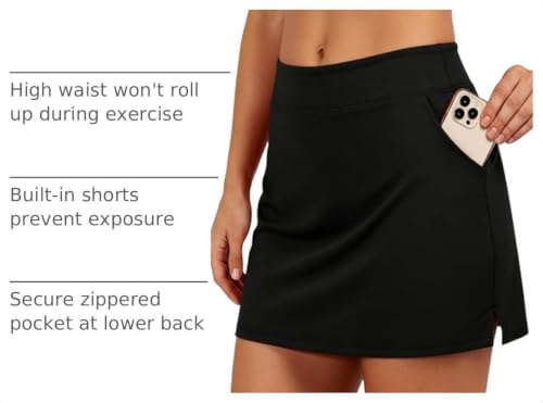 Women's High Waisted Tennis Skort with Built-in Shorts - Large Black