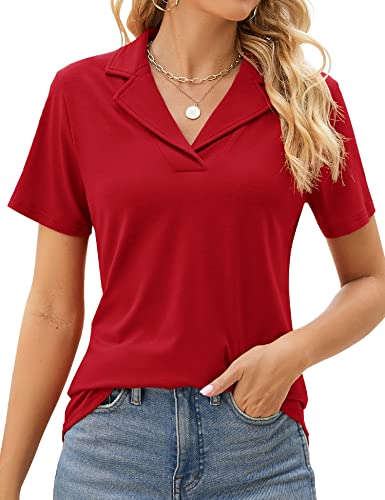 Women's Polo Shirt with Lapel Collar V Neck Short Sleeve Blouse Casual Top