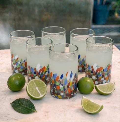 Set of 6 Hand Blown Drinking Glasses with Confetti Carmen Design - 14 oz
