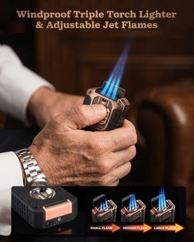 5-in-1 Butane Torch Lighter with Copper & Matte Black - Windproof Triple Jet Flame, Punch & V Cutter, Refillable Pocket Tool