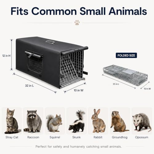 HiCaptain 32-Inch Humane Live Animal Trap Cage with Cover for Cats and Small Wildlife - Folding Design, Weather-Resistant