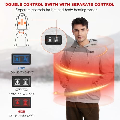 Heated Hoodie for Men & Women with 7.4V 16000mAh Battery, Medium Gray