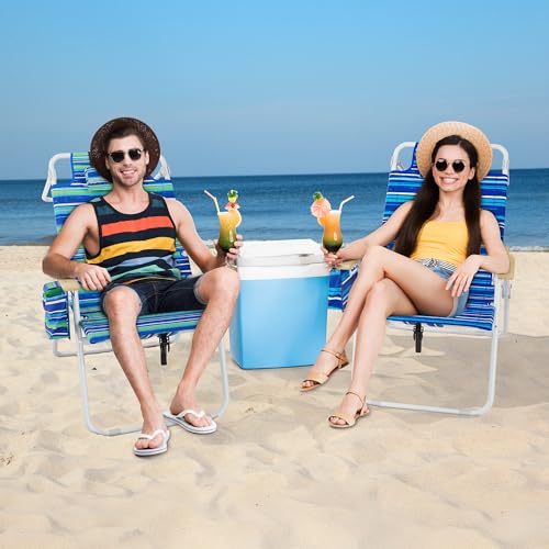 Tall Beach Chair for Adults 17" High Backpack Reclining with Cooler Pouch - Striped Blue 2-Pack