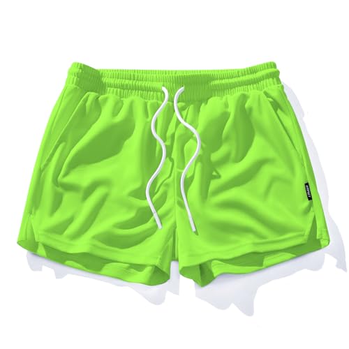 Men's Mesh Running Shorts 3 Inch Quick Dry Gym Shorts with Pockets - Large Neongreen