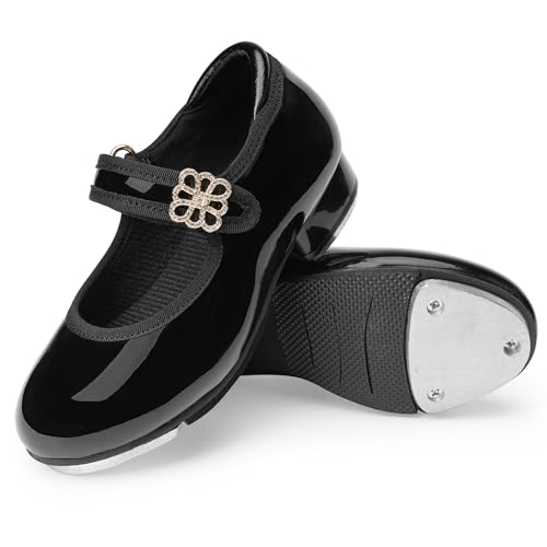 Toddler Girls Rhinestone Tap Shoes with Buckle - Black, Size 10