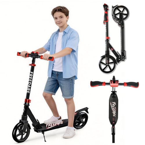 FREEDARE Foldable Kids & Teen & Adult Kick Scooter - Black Red, Adjustable & Lightweight
