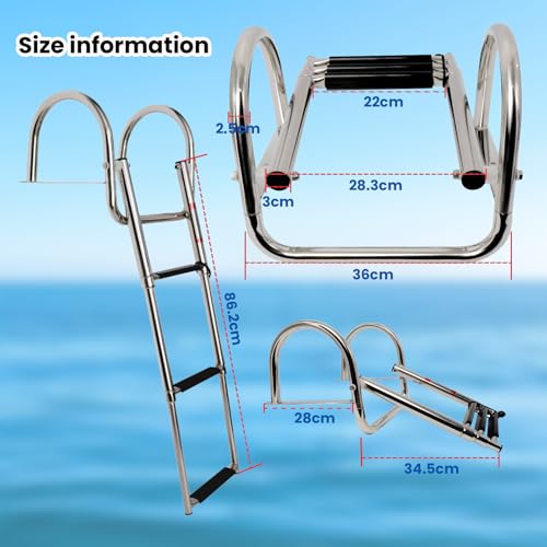 Silver 3-Step Telescoping Boat Ladder - Heavy Duty Stainless Steel Pontoon Boarding Ladder with Wide Steps & Hand Railings
