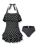Kids Girl Bikini Set Halter Neck Polka Dots Cover Up Skirt Bathing Suit Size 11-12 Years Black