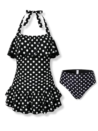 Kids Girl Bikini Set Halter Neck Polka Dots Cover Up Skirt Bathing Suit Size 11-12 Years Black