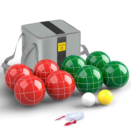 JOLORLY Professional 107mm Bocce Ball Set - Regulation Size & Weight for Tournaments, Red & Green, 8 Balls + Accessories