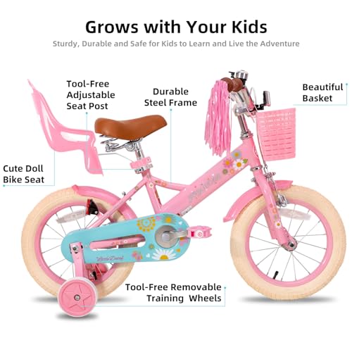 JOYSTAR Little Daisy Princess Kids Bike 12 Inch Pink with Training Wheels