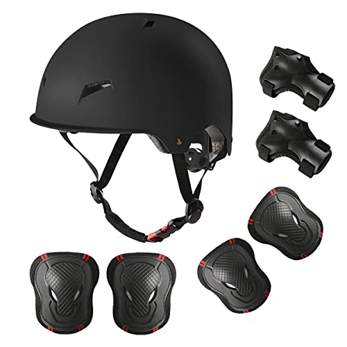 Adult Skateboard Helmet with Protective Gear Set Black Large (Head 22-23 inch)
