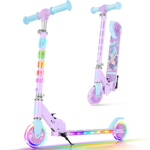 Purple Kids Light-Up 2-Wheel Folding Scooter with Adjustable Height, Lightweight & Portable