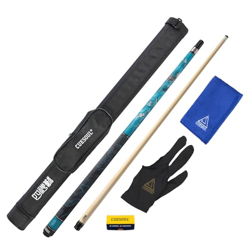 Pool Cue with Black Case - 19oz, 58 Inches, Mythological Symbols, Blue Dragon Variation