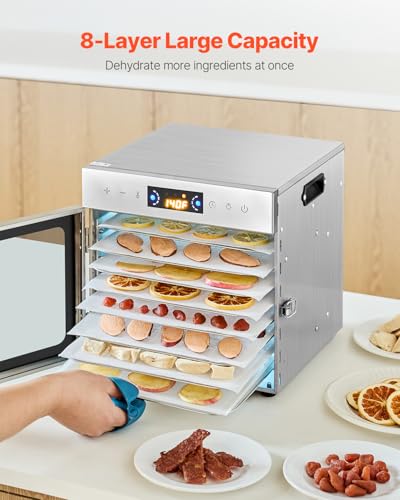 Food Dehydrator Machine with 8 Stainless Steel Trays - 400W Adjustable Temp & Timer