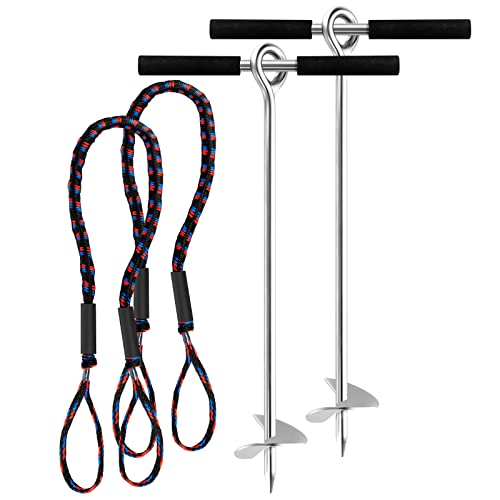 Pelopy 2 Pack 36 Inch Stainless Steel Sand Anchors with Removable Handle & Bungee Line for Beach & Watercraft Stability
