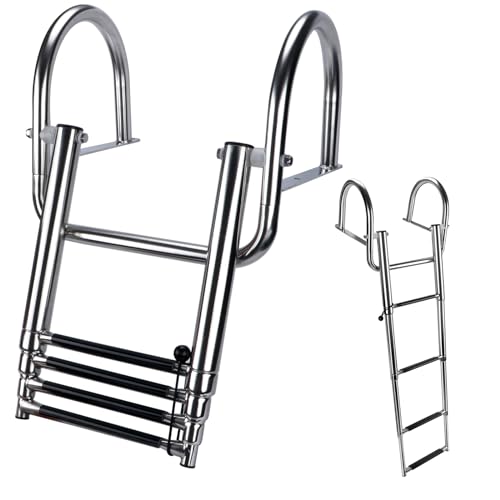 Silver 4-Step Pontoon Boat Ladder Stainless Steel Telescoping Rear Entry