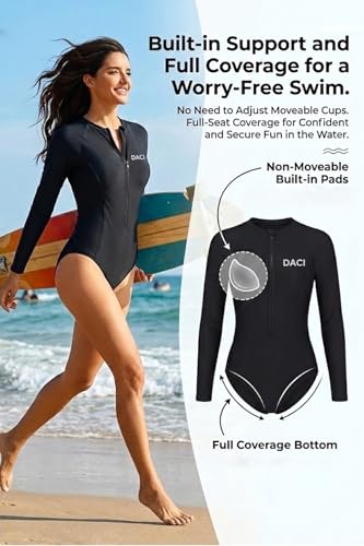 Daci Women Long Sleeve Swimsuit Rash Guard with Built-in Bra UPF 50+ - Medium Black