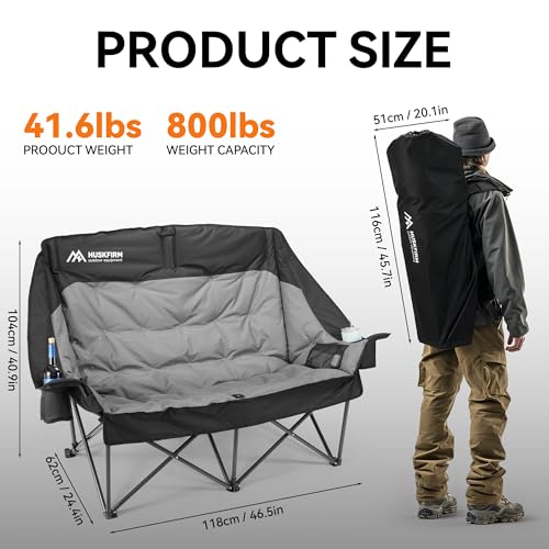 Huskfirm Double Camping Chair Black - 2 Person Low Seat with Cup Holders