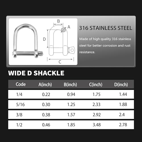 Marine Grade 316 Stainless Steel Wide D Shackle 1/4 Inch 4 Pack for Boat Rigging