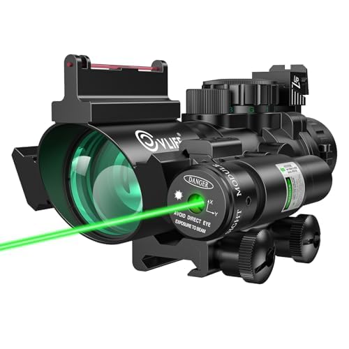 CVLIFE 4x32 Prism Rifle Scope with Green Laser & Circle Dot Reticle - Illuminated Red, Green, Blue & Fiber Optic Sight